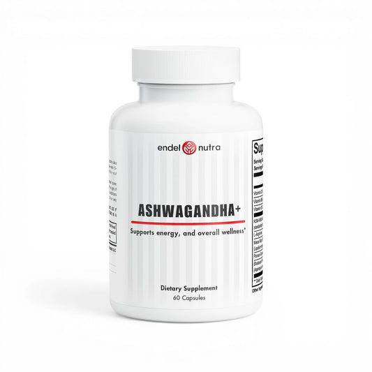 Supplement bottle labeled 'Ashwagandha+' by Endel Nutra on a white background
