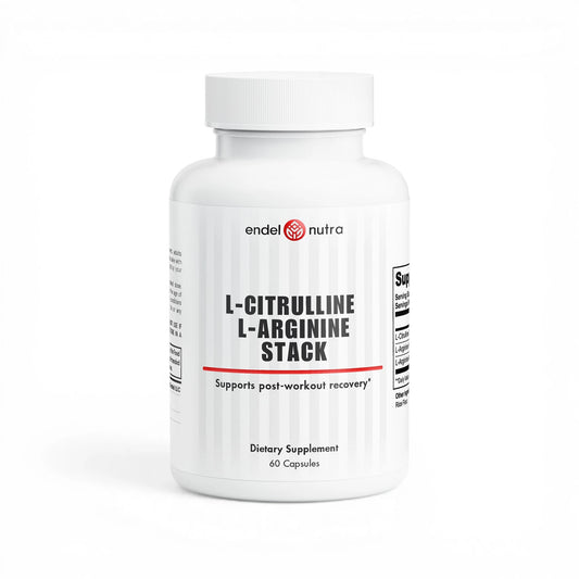 Supplement bottle labeled 'L-Citrulline L-Arginine Stack' by Endel Nutra on a white background