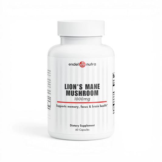 Supplement bottle labeled 'Lion's Mane Mushroom' by Endel Nutra on a white background